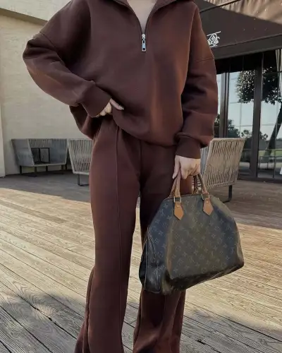 Women Fashion Athleisure Autumn And Winter Solid Color Half-Placket Long-Sleeve Sweatshirt Loose Pants Set