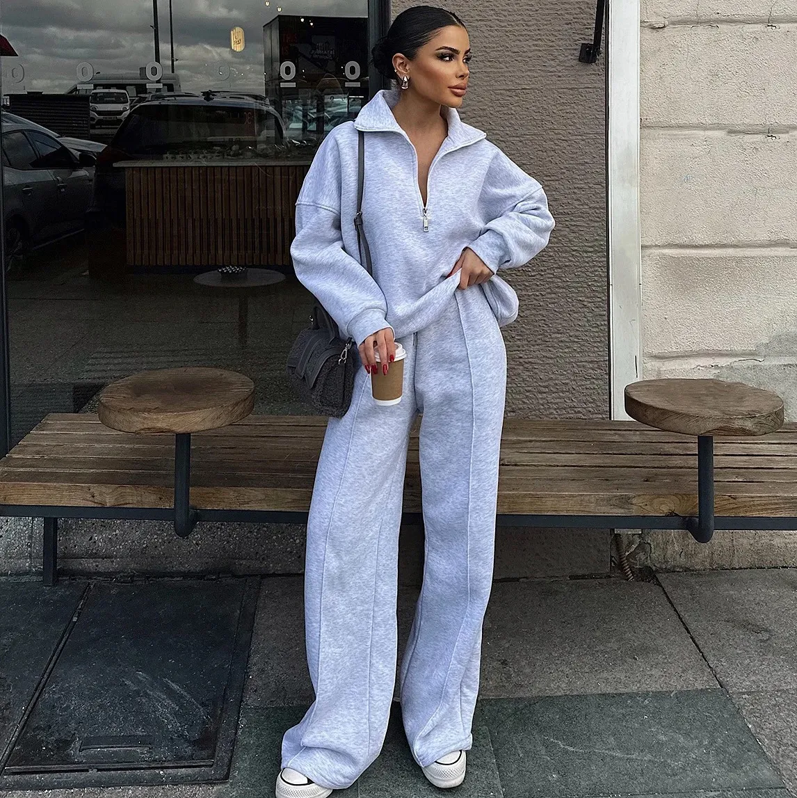 Women Fashion Athleisure Autumn And Winter Solid Color Half-Placket Long-Sleeve Sweatshirt Loose Pants Set