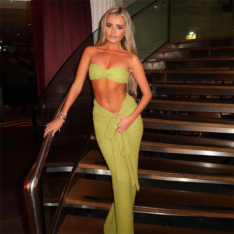 Women Sexy Solid Color Tube Top Slim-Fit Lace-Up Skirts Two-Piece Set