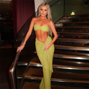 Women Sexy Solid Color Tube Top Slim-Fit Lace-Up Skirts Two-Piece Set