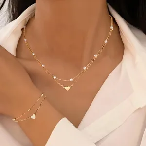 Women Fashion Simple Double-Layer Stacked Love Bracelet Necklace Set