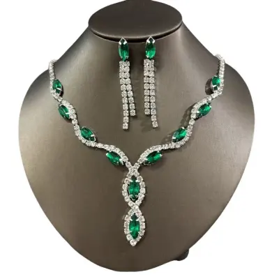 Women Fashion Elegant Rhinestone Necklace Tassel Earrings Set
