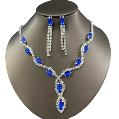 Women Fashion Elegant Rhinestone Necklace Tassel Earrings Set