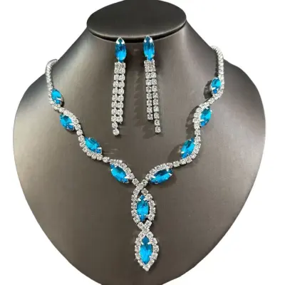 Women Fashion Elegant Rhinestone Necklace Tassel Earrings Set