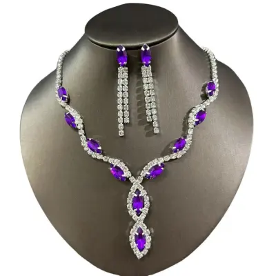 Women Fashion Elegant Rhinestone Necklace Tassel Earrings Set