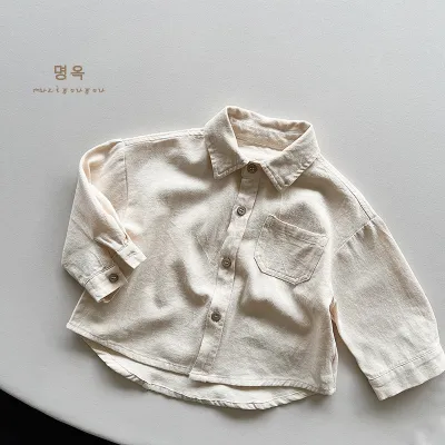 Kids Boys And Girls Fashion Casual Solid Color Cotton Long Sleeve Lapel Blouse