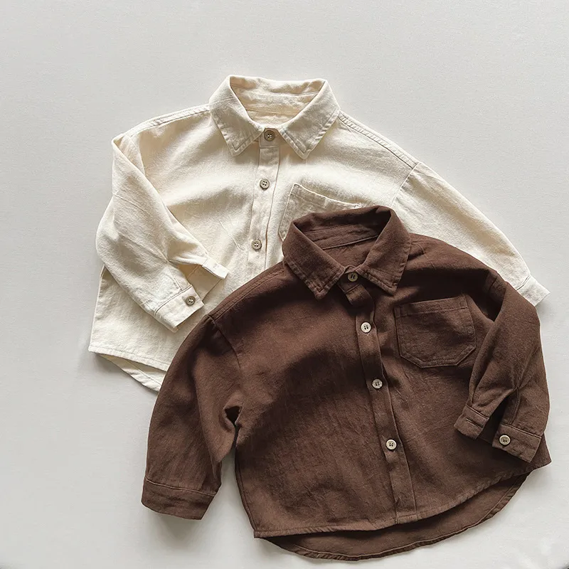 Kids Boys And Girls Fashion Casual Solid Color Cotton Long Sleeve Lapel Blouse