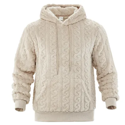 Men Fashion Casual Autumn And Winter Solid Color Warm Jacquard Velvet Long-Sleeve Hoodies