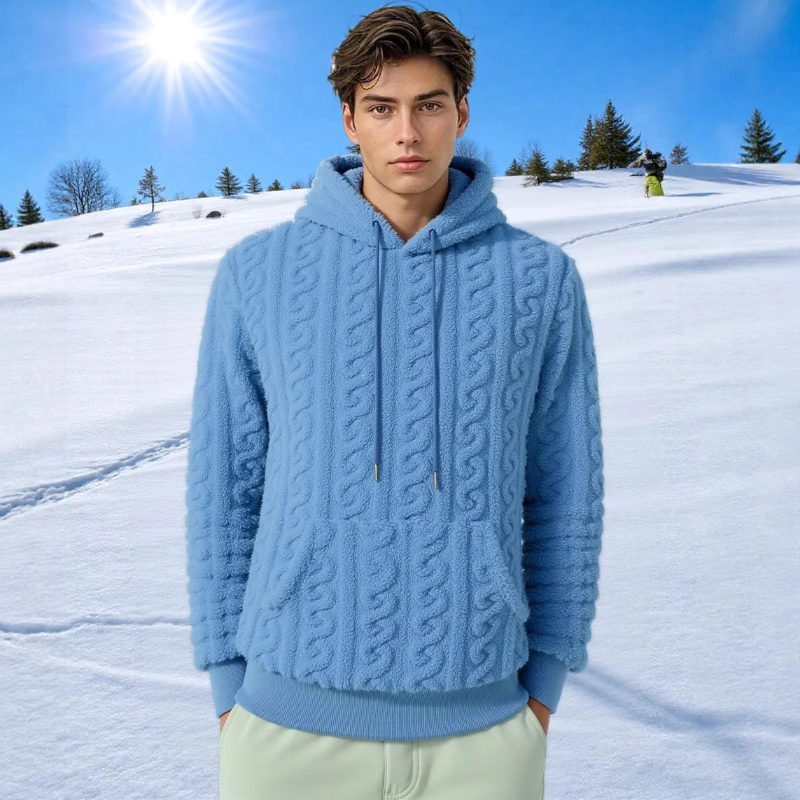 Men Fashion Casual Autumn And Winter Solid Color Warm Jacquard Velvet Long-Sleeve Hoodies