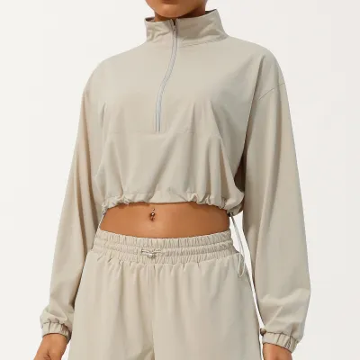 Women Casual Solid Color Half Zipper High Collar Long-Sleeve Quick-Drying UV-Proof Drawstring Coat