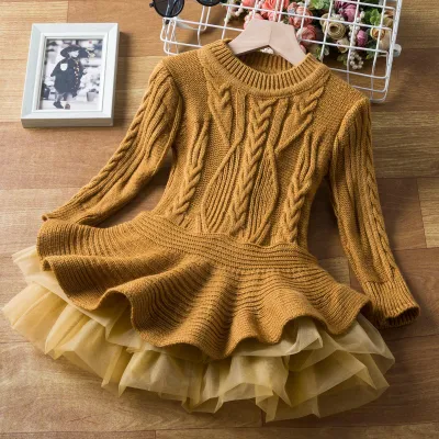 Kids Girls Fashion Autumn Winter Solid Color Long Sleeve Mesh Stitching Knitted Cotton Blend Dress