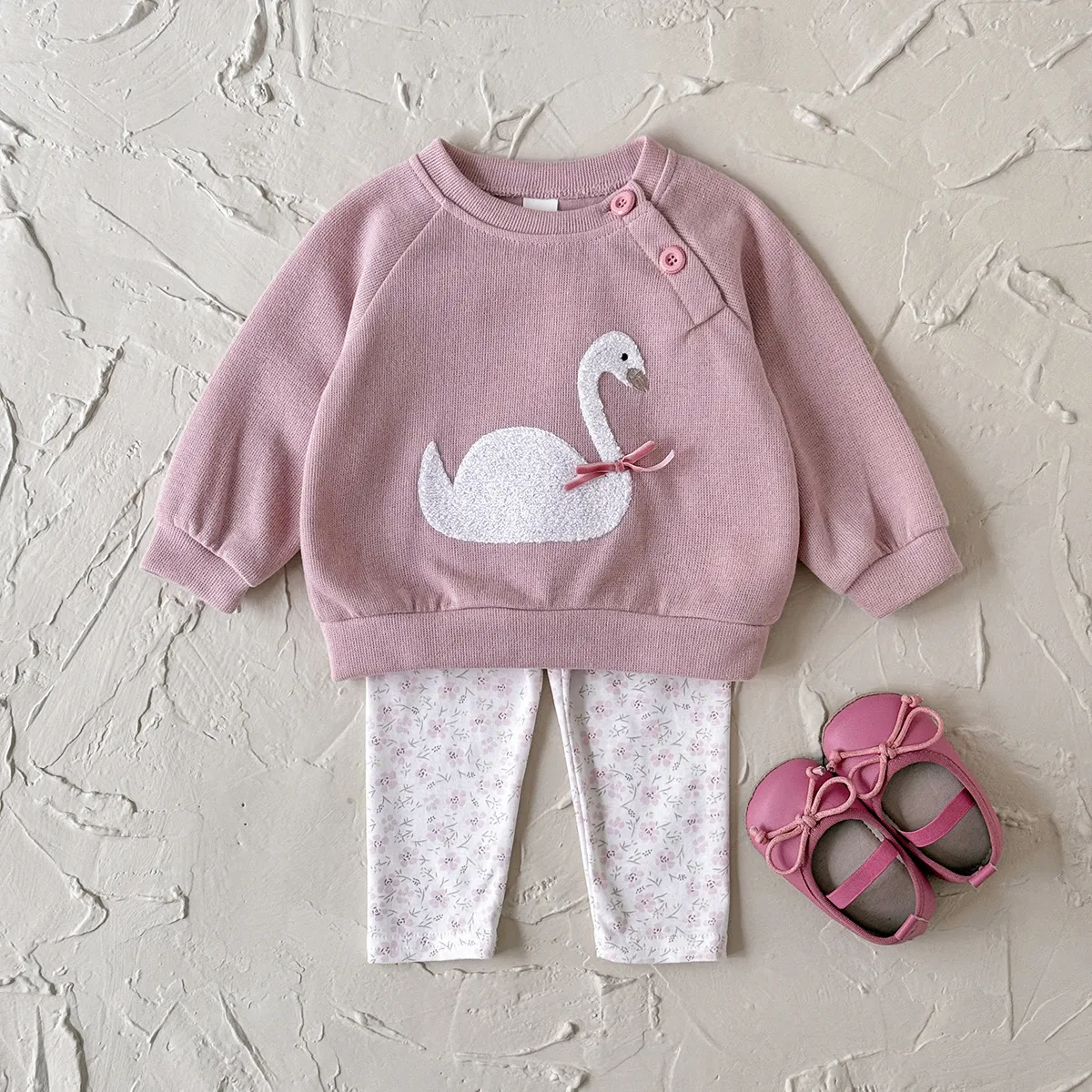 Kids Baby Girl Fashion Swan Pattern Sweatshirt Printed Pants Two-Piece Set Long Sleeve Thickening