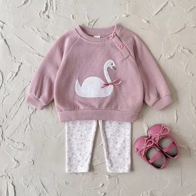 Kids Baby Girl Fashion Swan Pattern Sweatshirt Printed Pants Two-Piece Set Long Sleeve Thickening