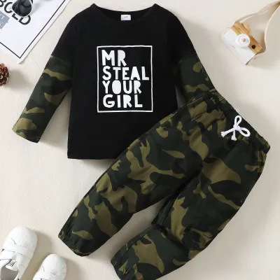 Kids Boys' Casual Autumn Camouflage Letter Print Long-Sleeve Top Drawstring Pants Two-Piece Set