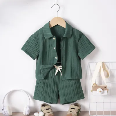 Kids Boys' Fashion Casual Solid Color Lapel Short Sleeve Shirt and Loose Shorts Two-Piece Set