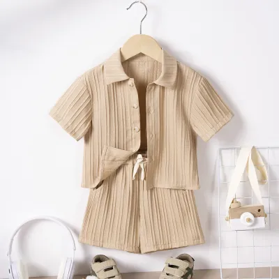 Kids Boys' Fashion Casual Solid Color Lapel Short Sleeve Shirt and Loose Shorts Two-Piece Set