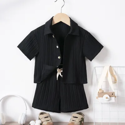 Kids Boys' Fashion Casual Solid Color Lapel Short Sleeve Shirt and Loose Shorts Two-Piece Set