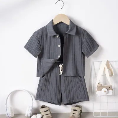 Kids Boys' Fashion Casual Solid Color Lapel Short Sleeve Shirt and Loose Shorts Two-Piece Set