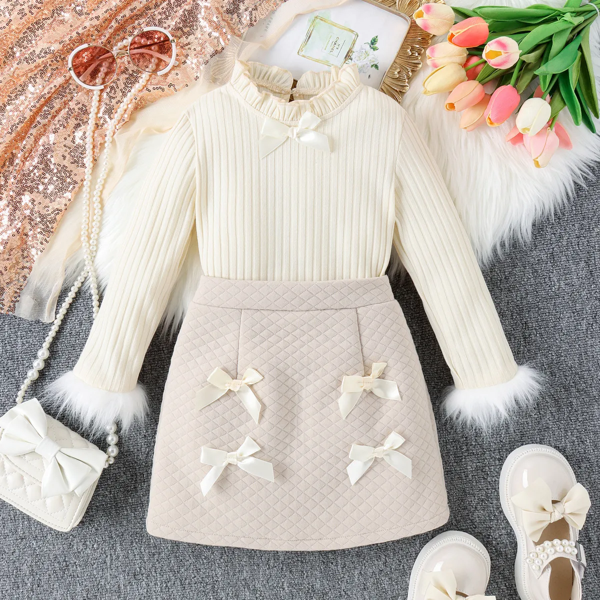 Kids Girls Fashion Lace Collar Cuff Top Bowknot Skirt Two-Piece Set Autumn Winter