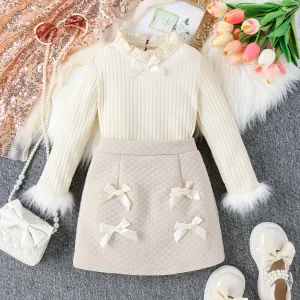 Kids Girls Fashion Lace Collar Cuff Top Bowknot Skirt Two-Piece Set Autumn Winter