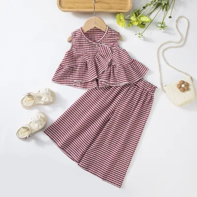 Kids Girls Fashion Casual Striped Sleeveless Ruffled Vest Top Loose Pants Two-Piece Set
