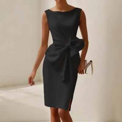 Women Elegant Solid Color Sleeveless Bowknot Slim Fit Midi Dress