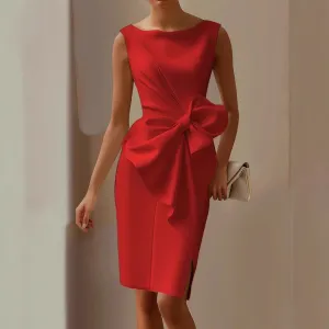 Women Elegant Solid Color Sleeveless Bowknot Slim Fit Midi Dress