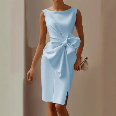 Women Elegant Solid Color Sleeveless Bowknot Slim Fit Midi Dress