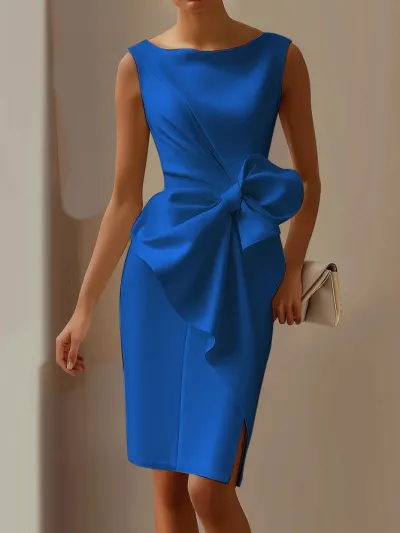 Women Elegant Solid Color Sleeveless Bowknot Slim Fit Midi Dress