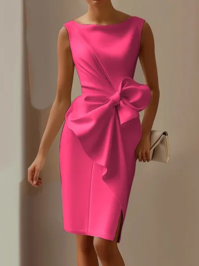 Women Elegant Solid Color Sleeveless Bowknot Slim Fit Midi Dress