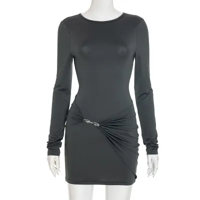 Women Fashion Sexy Autumn And Winter Solid Color Long-Sleeve Slim-Fit Tight High Waist Bodycon Dress