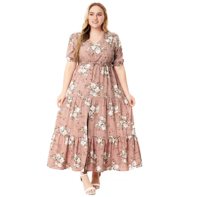 Women Casual Vacation Plus Size Floral Print Short-Sleeve Loose Dress