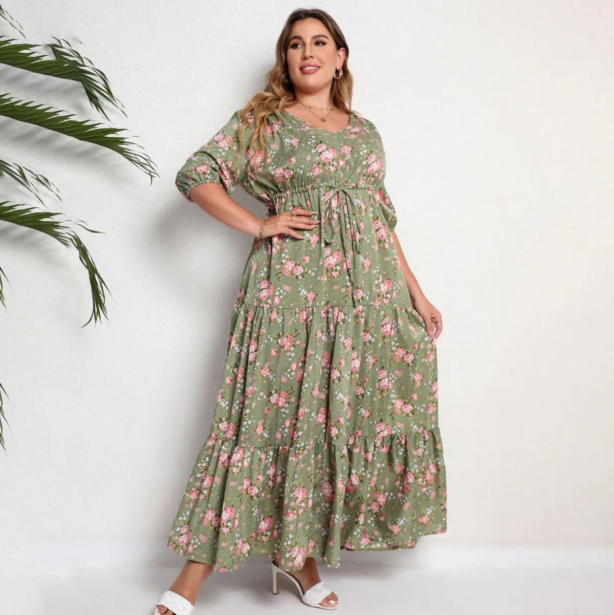 Women Casual Vacation Plus Size Floral Print Short-Sleeve Loose Dress