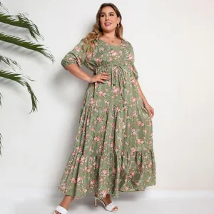 Women Casual Vacation Plus Size Floral Print Short-Sleeve Loose Dress