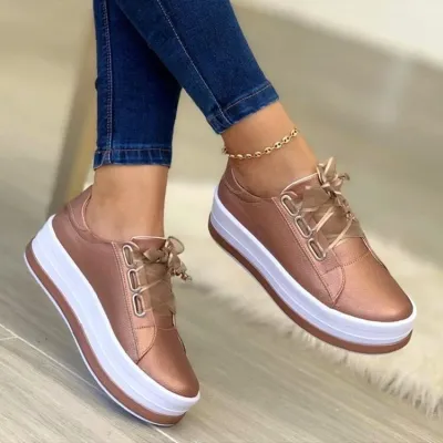 Women Fashion Casual Round Toe Thick-Soled Lace-Up Sneakers