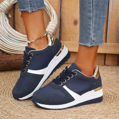Women Fashion Casual Color Block Platform Wedge Lace-Up Sneakers