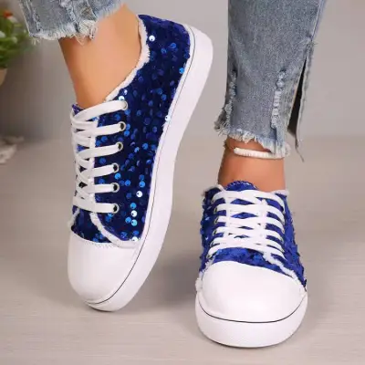 Women Fashion Casual Solid Color Sequins Round-Toe Flat Lace-Up Sneakers