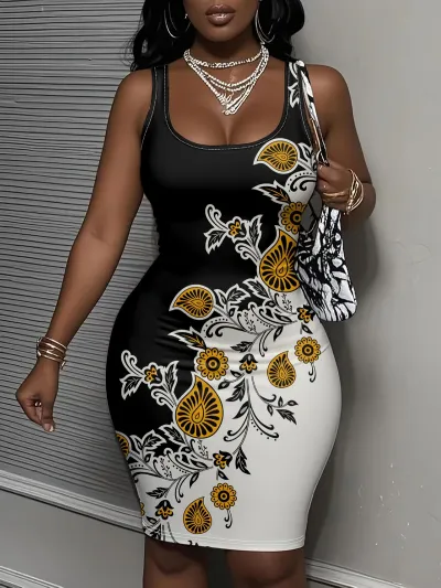 Women Sexy Printed Sleeveless Slim Fit Midi Dress