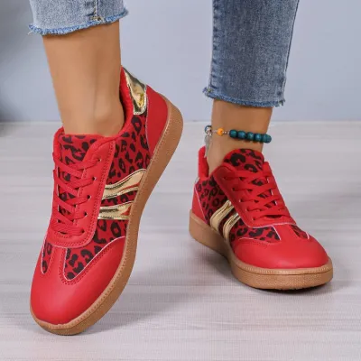 Women Fashion Casual Leopard Breathable Round-Toe Lace-Up Sneakers