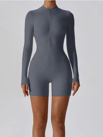 Women Solid Color Zipper Long-Sleeve Sport Tight Rompers