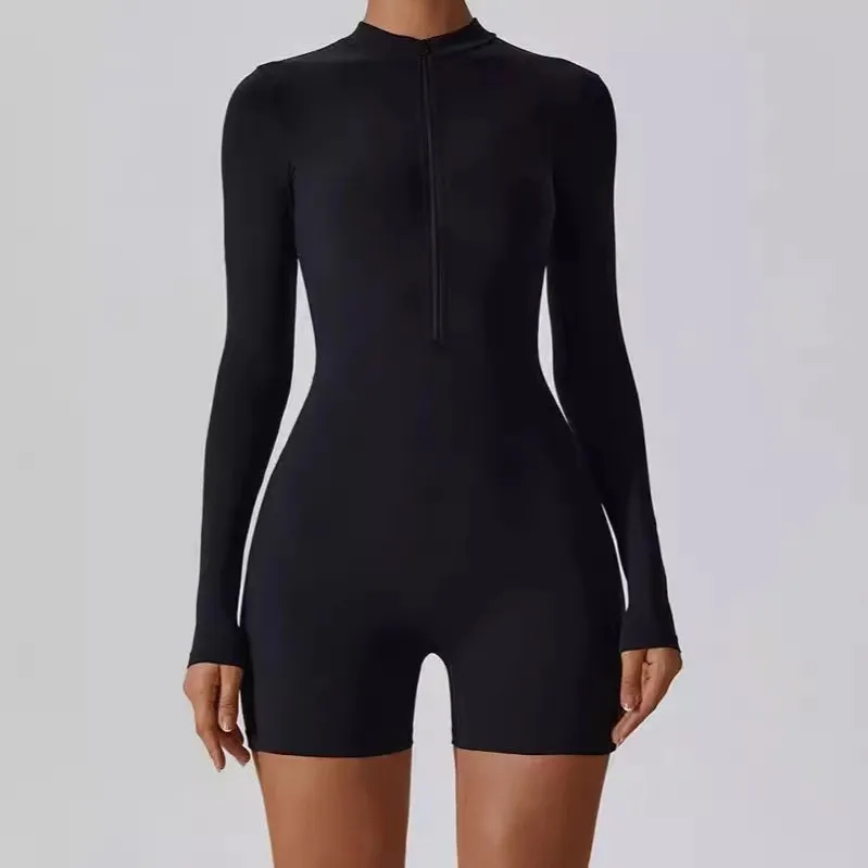 Women Solid Color Zipper Long-Sleeve Sport Tight Rompers