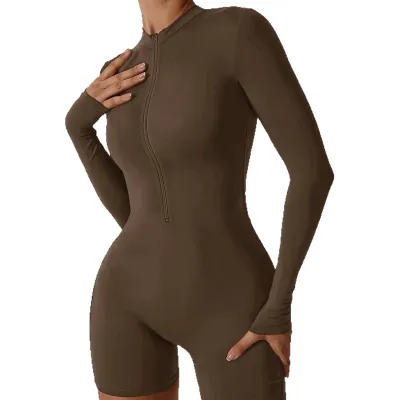 Women Solid Color Zipper Long-Sleeve Sport Tight Rompers