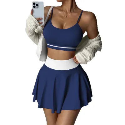 Women Contrast Color Sports Bra and High-Waist Tennis Skirt Two-Piece Set