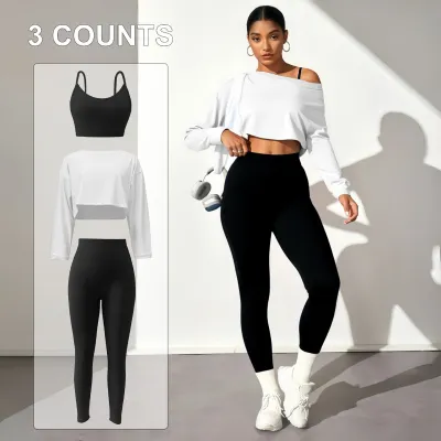 Women Solid Color Seamless Bra Long-Sleeve Top Tight Pants Yoga Three-Piece Set