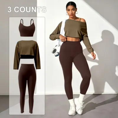 Women Solid Color Seamless Bra Long-Sleeve Top Tight Pants Yoga Three-Piece Set