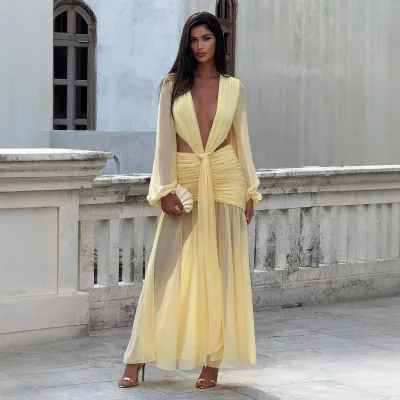 Women Sexy Chiffon Deep V Hollow Long-Sleeve Pleated Dress