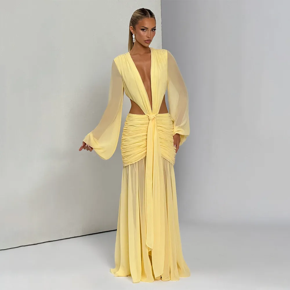 Women Sexy Chiffon Deep V Hollow Long-Sleeve Pleated Dress