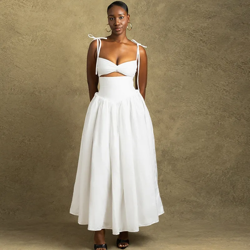 Women Sexy Solid Color Spaghetti Strap Sleeveless Hollow-Out Loose Dress