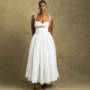 Women Sexy Solid Color Spaghetti Strap Sleeveless Hollow-Out Loose Dress