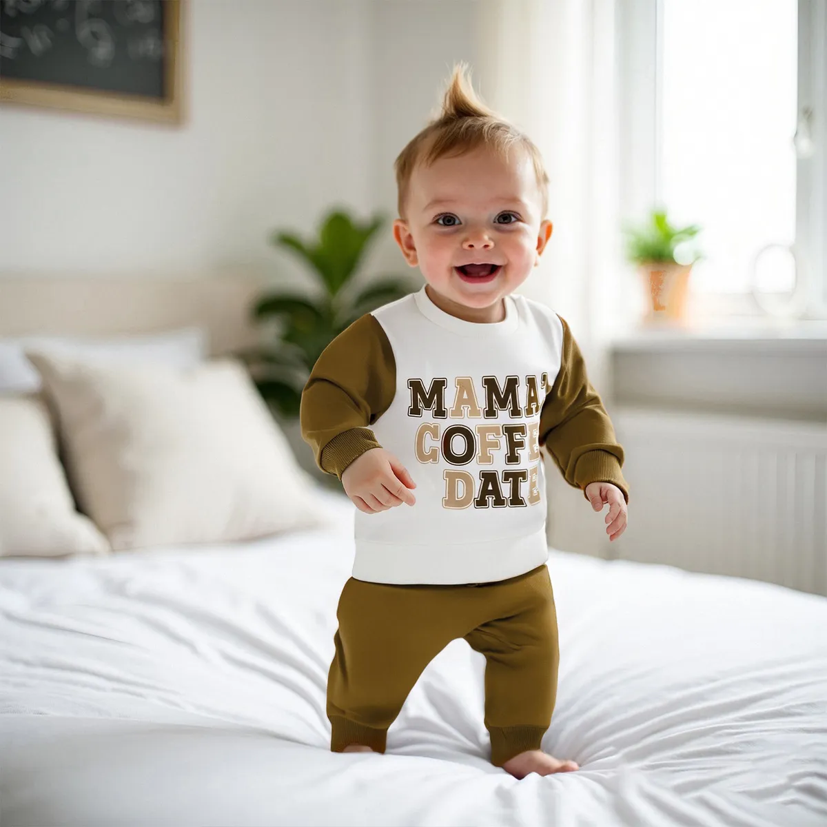 Kids Baby Boys Spring Autumn Alphabet Print Long Sleeve Cotton Sweatshirt Trousers Set Two-Piece